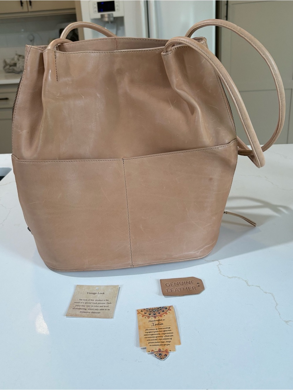 Natural Leather Bucket Bag Tote Handcrafted in India NWT